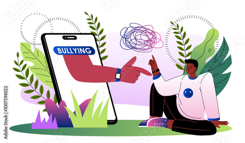 Man with cyberbullying. Young sad guy sits near huge smartphone screen. Frustration and depression. Negative feelings and emotions. Flat vector illustration