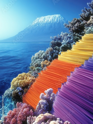 Mesmerizing Underwater Coral Reef With Vibrant Orange and Purple Sea Fans, Snow-Capped Mountain in Background, Crystal Clear Waters photo