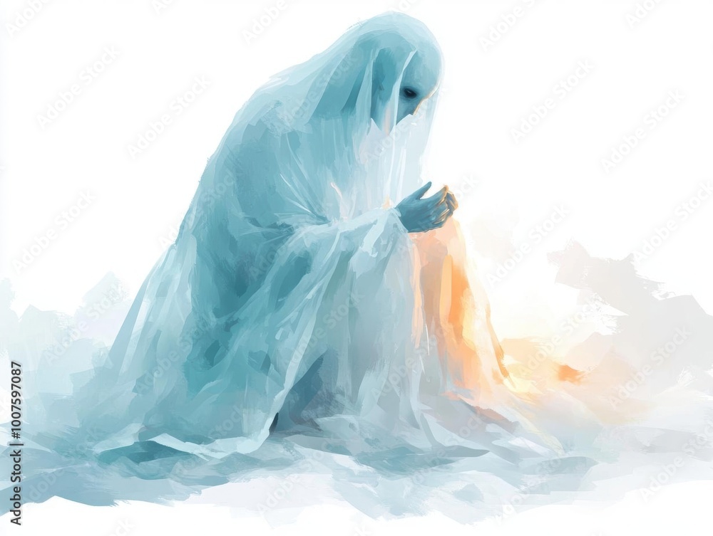 Ethereal figure in blue, contemplative mood, white isolate background Ethereal figure in blue, contemplative mood, white isolate background