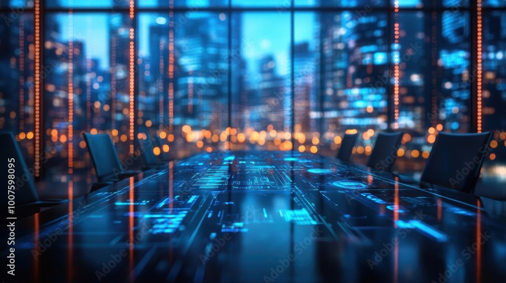 Modern conference room with digital projections and city view. Modern conference room with digital projections and city view.