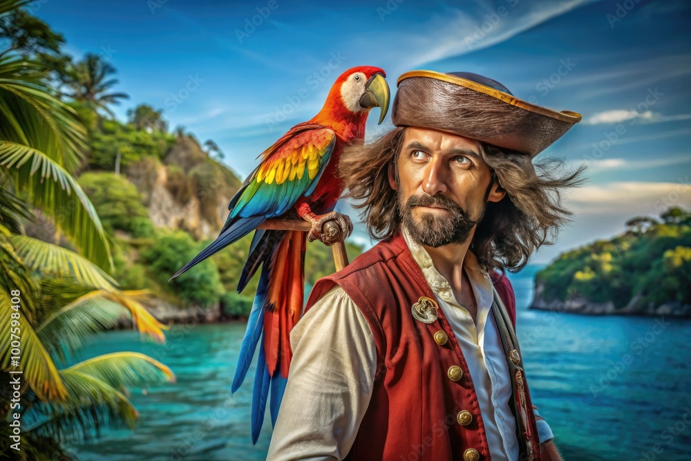 Fototapeta premium Adventurous pirate with a colorful parrot perched on shoulder against a tropical island backdrop