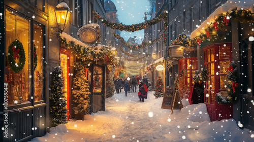 Festive Christmas Street with Decorated Storefronts