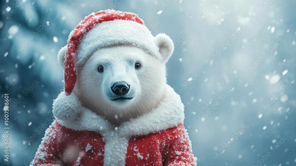 Polar bear in a Santa hat, winter setting with falling snow. Polar bear in a Santa hat, winter setting with falling snow.