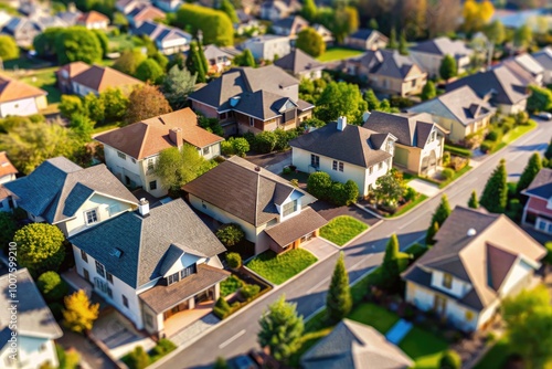 Aerial View of Residential Roofing Structures with Varying Designs and Textures Under Clear Sky