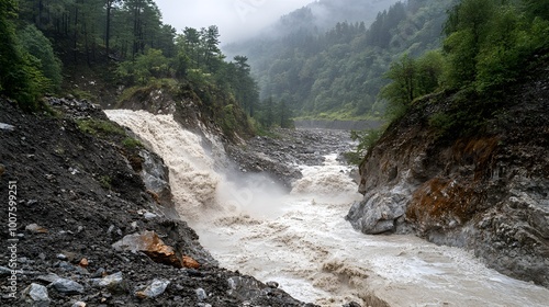 A sudden flash flood sweeps down a rugged mountainside, the fast-moving water carving its path through the landscape, symbolizing the destructive power of nature 