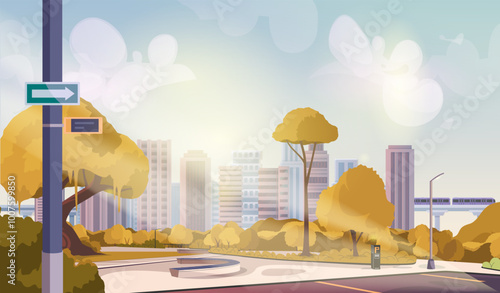 Modern cityscape landscape. Skyscrapers and trees, bridge. Urban infrastructure and architecture. Urban landmark. Autumn and fall season. Panorama and landscape. Flat vector illustration