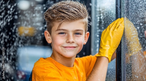 A teenage boy washing windows for a neighbor, carefully cleaning the glass, proud of his work and the opportunity to earn money independently photo