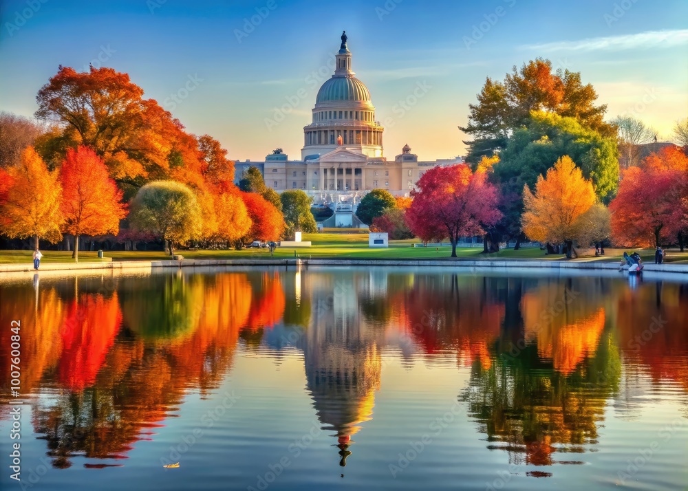 Obraz premium Autumn Capitol Hill Panorama with Reflecting Pool and Colorful Trees in Washington DC on a Sunny Day