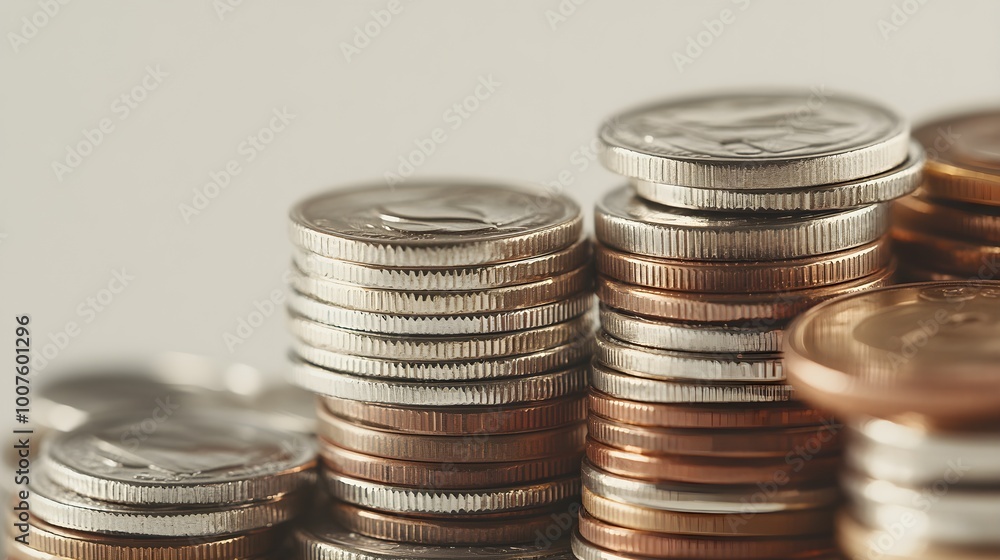 Realistic close-up of various coins stacked on a smooth surface, showcasing intricate details and textures against a light solid color background Realistic close-up of various coins stacked on a smooth surface, showcasing intricate details and textures against a light solid color background