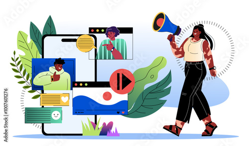 People collaborating online. Woman with loudspeaker communicate with men on internet. Social networks and instant messengers. Collaboration and cooperation, partnership. Flat vector illustration