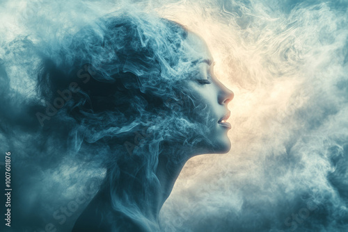 A woman's face is shown in a blue haze, with smoke surrounding her