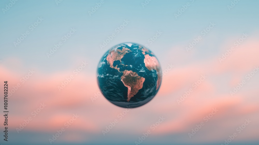 Floating Earth Globe Against Pastel Sunset Sky Floating Earth Globe Against Pastel Sunset Sky