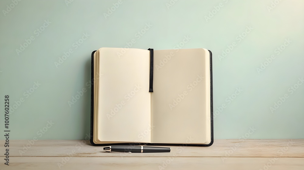 An open notebook with handwritten notes and a pen, placed on a wooden table, against a light solid color background, inviting curiosity An open notebook with handwritten notes and a pen, placed on a wooden table, against a light solid color background, inviting curiosity
