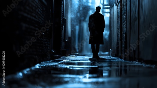 A shadowy figure standing in a dimly lit alley, shrouded in mystery, with a blurred background and ample copy space