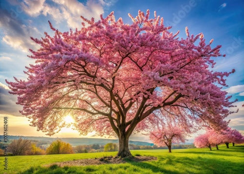 Beautiful cherry blossom tree with stunning wood color and delicate pink flowers in springtime nature