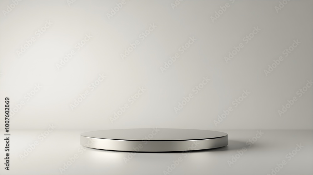 A sleek silver podium positioned at the center of a light solid color background, emphasizing its reflective surface and modern design A sleek silver podium positioned at the center of a light solid color background, emphasizing its reflective surface and modern design