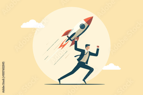 A strong businessman stands running while carrying a rocket