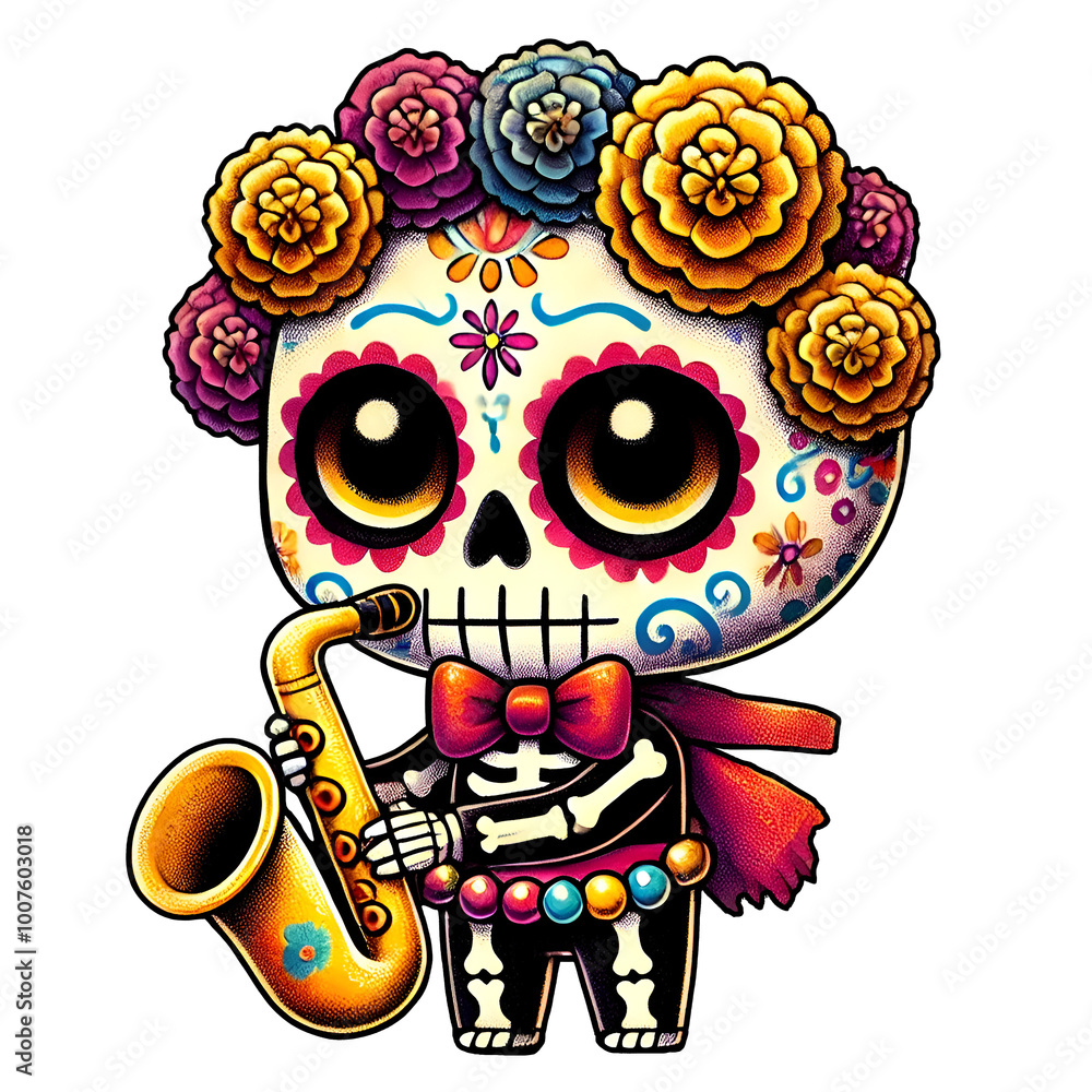 Fototapeta premium Day of the Dead Skeleton with Marigold Flower Crown Playing Saxophone, Colorful Dia de los Muertos Sugar Skull Art