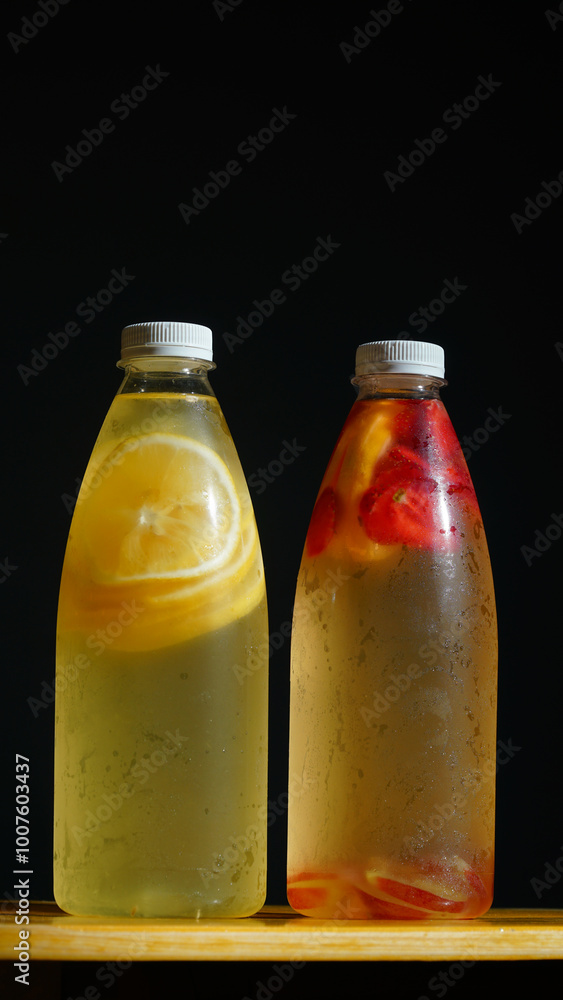 Lemon and strawberry fruits flavored infused water. Summer refreshing drink. Health care, fitness, healthy nutrition Lemon and strawberry fruits flavored infused water. Summer refreshing drink. Health care, fitness, healthy nutrition