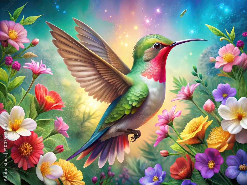 Obraz premium Beautiful hummingbird illustration for Mother's Day card design with floral elements and vibrant colors
