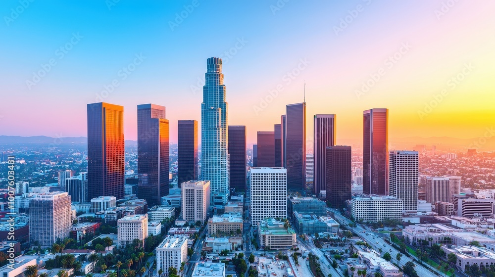 Obraz premium Los Angeles Skyline Sunset Aerial View Urban Cityscape Modern Architecture Skyscrapers