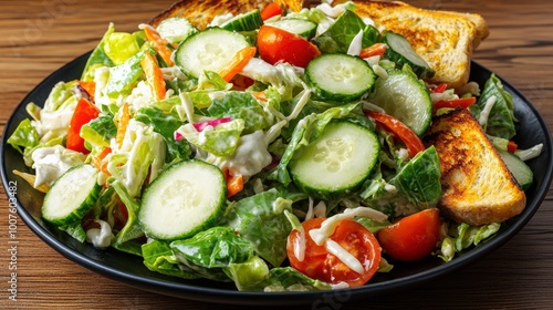 Fresh Garden Salad with Toasted Bread Croutons and Creamy Dressing