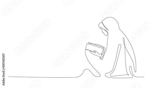 Linear woman reading koran. Young girl in burqa with religious book. Arabic and islamic culture and traditions. Minimalistic creativity and art. Linear vector illustration