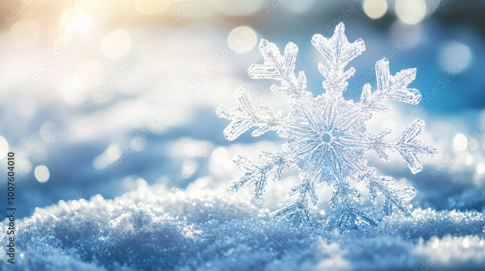 A Single Snowflake Resting on a Snowy Surface A Single Snowflake Resting on a Snowy Surface