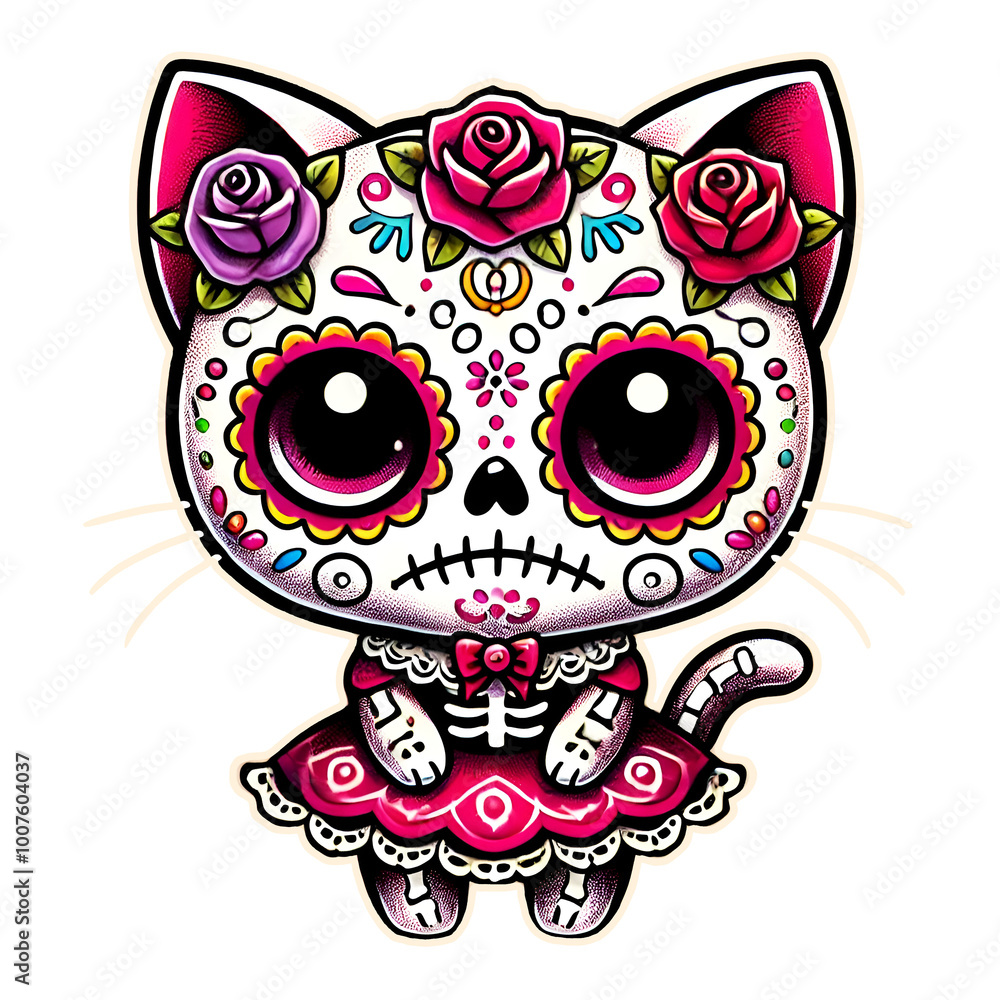 Fototapeta premium Day of the Dead Cat Skeleton with Roses and Dress, Colorful Dia de los Muertos Sugar Skull Kitten Illustration