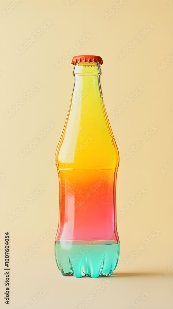 A vibrant soda bottle with an open cap, positioned elegantly on a minimalistic light background, capturing the essence of summer refreshment A vibrant soda bottle with an open cap, positioned elegantly on a minimalistic light background, capturing the essence of summer refreshment