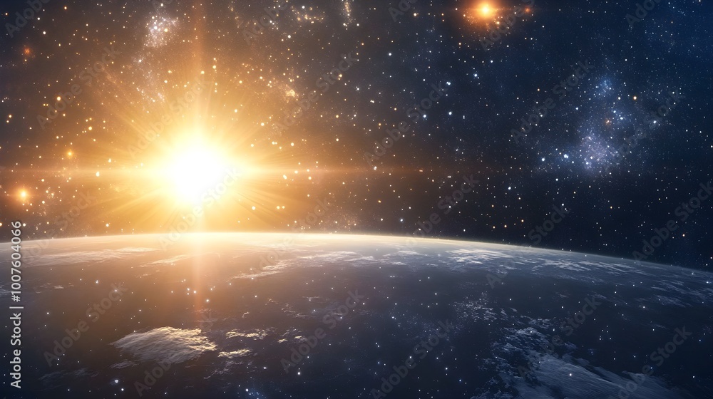A vast expanse of outer space illuminated by a brilliant sun, casting soft light on a dark backdrop of stars A vast expanse of outer space illuminated by a brilliant sun, casting soft light on a dark backdrop of stars