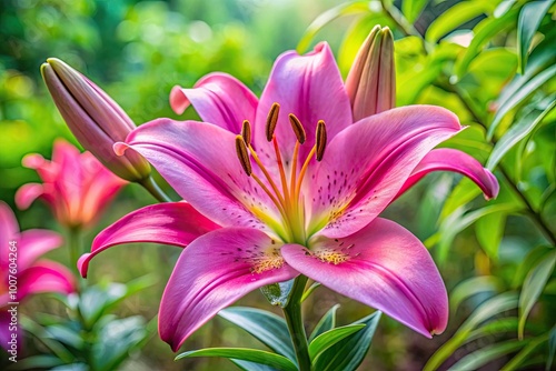 Beautiful pink lily blossom with delicate petals and vibrant green leaves in a serene garden setting