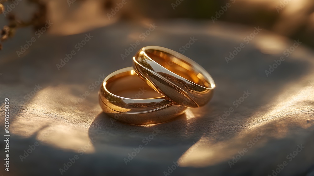 Close-up of gold wedding rings intertwined, representing a lifelong bond of love and devotion, their smooth surfaces gleaming in the light as a symbol of unity Close-up of gold wedding rings intertwined, representing a lifelong bond of love and devotion, their smooth surfaces gleaming in the light as a symbol of unity
