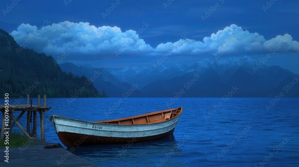 Tranquil Lake with Boat and Mountain Range at Dusk Tranquil Lake with Boat and Mountain Range at Dusk