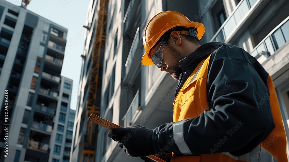 Construction worker inspecting plans on-site. Construction worker inspecting plans on-site.