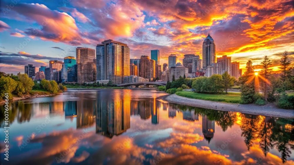 Breathtaking Sunset Over Calgary Skyline with Bow River Reflections in Alberta Canada Landscape Breathtaking Sunset Over Calgary Skyline with Bow River Reflections in Alberta Canada Landscape