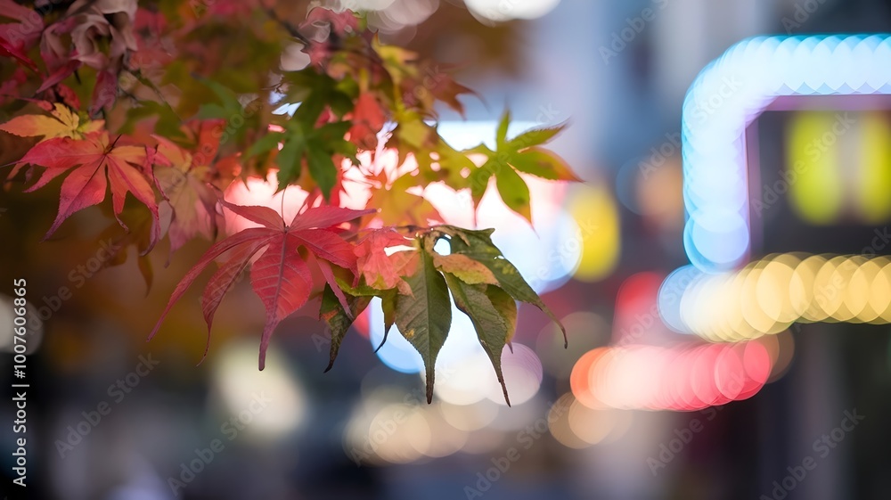 Fototapeta premium Colorful leaves with bokeh and blurred cityscape background