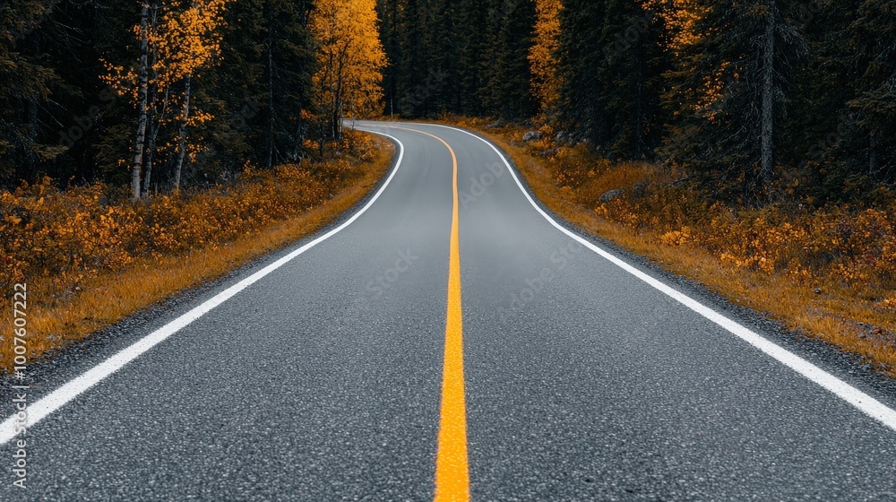 Naklejka premium Winding Asphalt Road Through Autumn Forest Fall Foliage Countryside Drive Nature Lands
