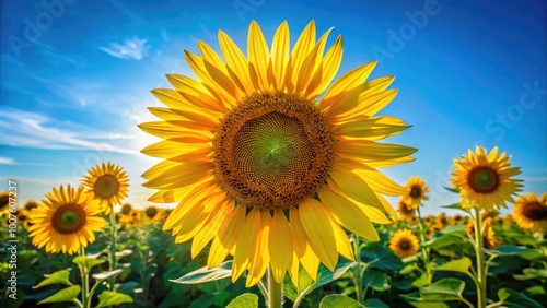 Bright and Cheerful Sunflower Plant in Full Bloom Against a Clear Blue Sky on a Sunny Day