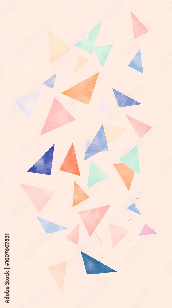 A minimalist design featuring an array of triangles, each in a different hue, floating on a solid pastel-colored background A minimalist design featuring an array of triangles, each in a different hue, floating on a solid pastel-colored background