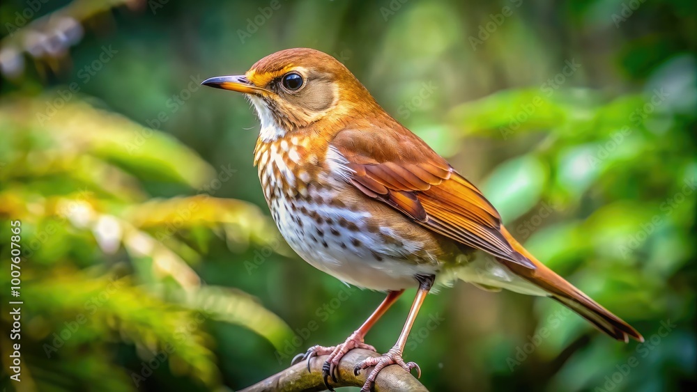 Fototapeta premium Brown Bird with White Wing Accents Perched on a Branch in a Natural Outdoor Setting of Greenery