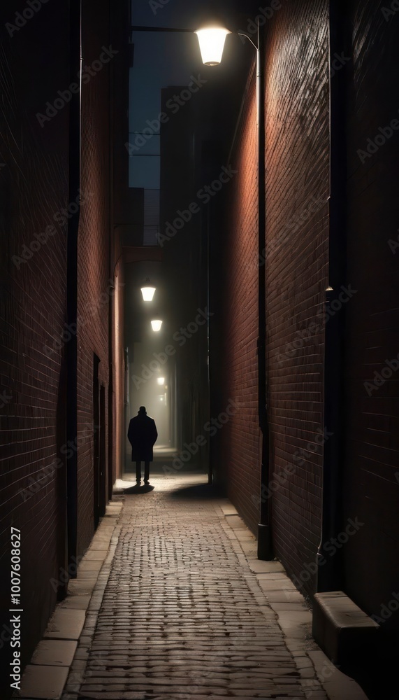 Portrait of a man walking alone in a dark alley , black and white photo Portrait of a man walking alone in a dark alley , black and white photo