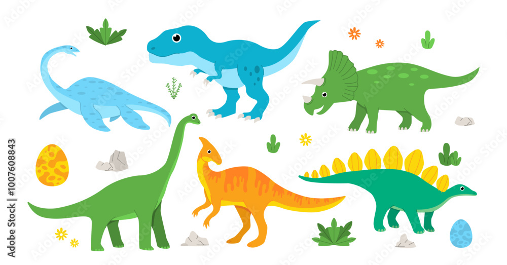 Set of dinosaurs. Dino, Tyrannosaurus and Triceratops. Lizards of prehistoric era. Imagination and fantasy. Ancient predators. Flat vector collection Set of dinosaurs. Dino, Tyrannosaurus and Triceratops. Lizards of prehistoric era. Imagination and fantasy. Ancient predators. Flat vector collection
