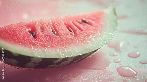 A close-up of a freshly cut watermelon, glistening with droplets of water, placed on a light pastel background photo