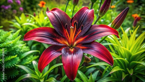 Captivating Black and Red Lily Blossoming in a Lush Green Garden Under Bright Natural Light