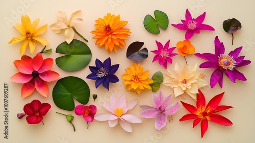 A vibrant arrangement of various water flowers, showcasing their unique colors and shapes against a light solid color background