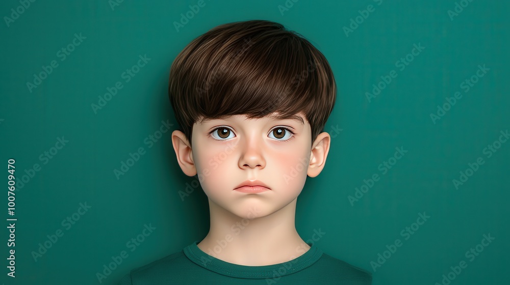 Fototapeta premium Sad Boy Portrait Child with Expressive Eyes Green Background