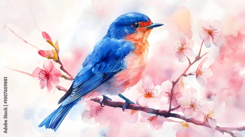 A vibrant watercolor painting of a bluebird perched elegantly on a branch, surrounded by delicate blossoms, set against a soft pastel background A vibrant watercolor painting of a bluebird perched elegantly on a branch, surrounded by delicate blossoms, set against a soft pastel background