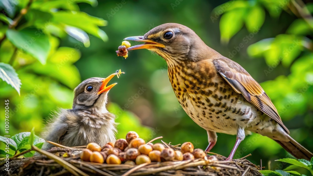 Fototapeta premium Caring Moments of a Baby Bird Being Fed by a Parent in a Natural Outdoor Environment