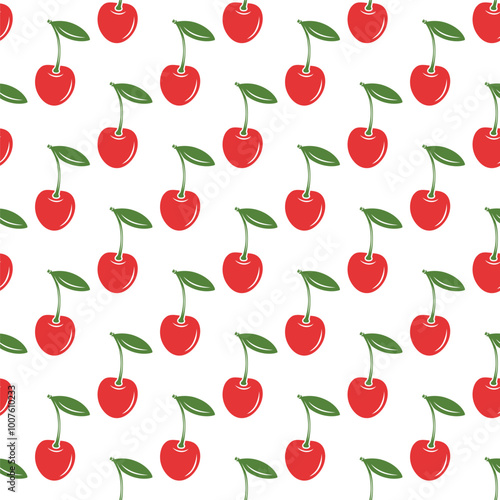 Vector Seamless Pattern with Adorable Cherry on White Background. Cute Cherries for Valentine s Day, Love, Romance Concept